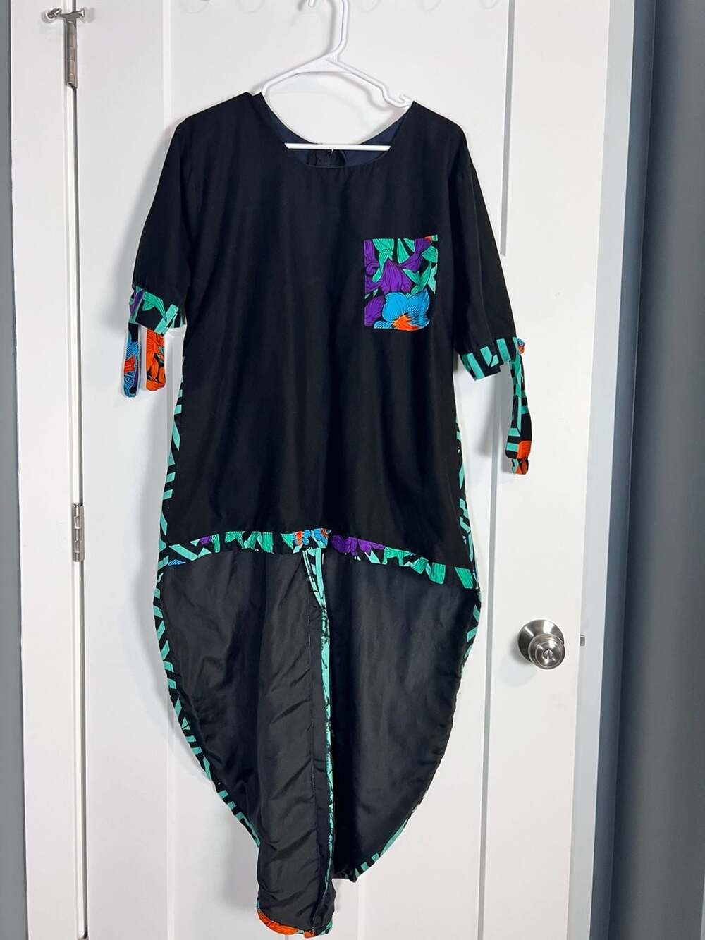 Handmade Black Tropical Floral Bubble Hem Dress Tie Sleeve Pocket Women’s